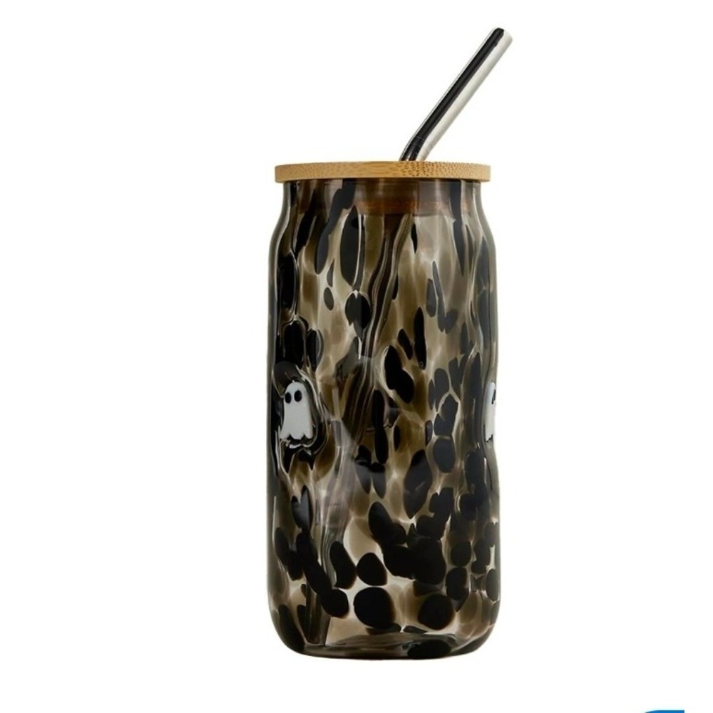 Anthropologie Mystic 25 Icon Sipper Glass Black Leopard Ghost Bamboo Lid Straw‎